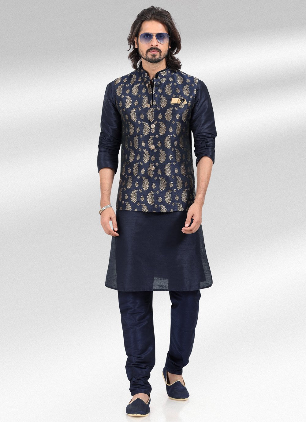 Kurta Payjama With Jacket Banarasi Jacquard Blue Fancy Work Mens