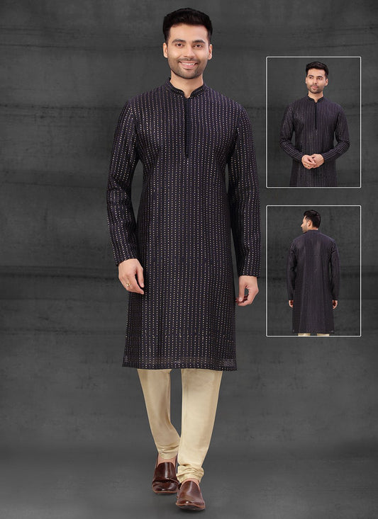 Kurta Pyjama Silk Blue Embroidered Mens