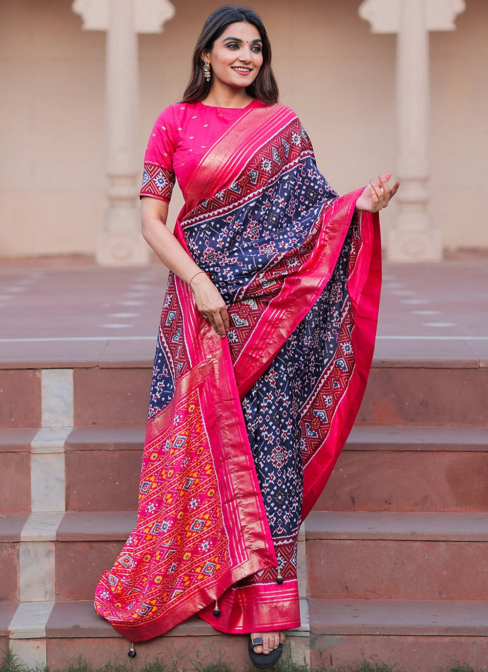 Classic Pure Dola Silk Blue Foil Print Saree