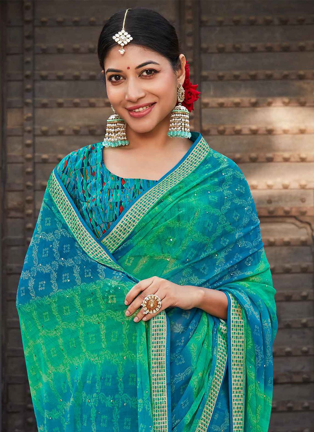 Classic Brasso Chiffon Blue Patch Border Saree