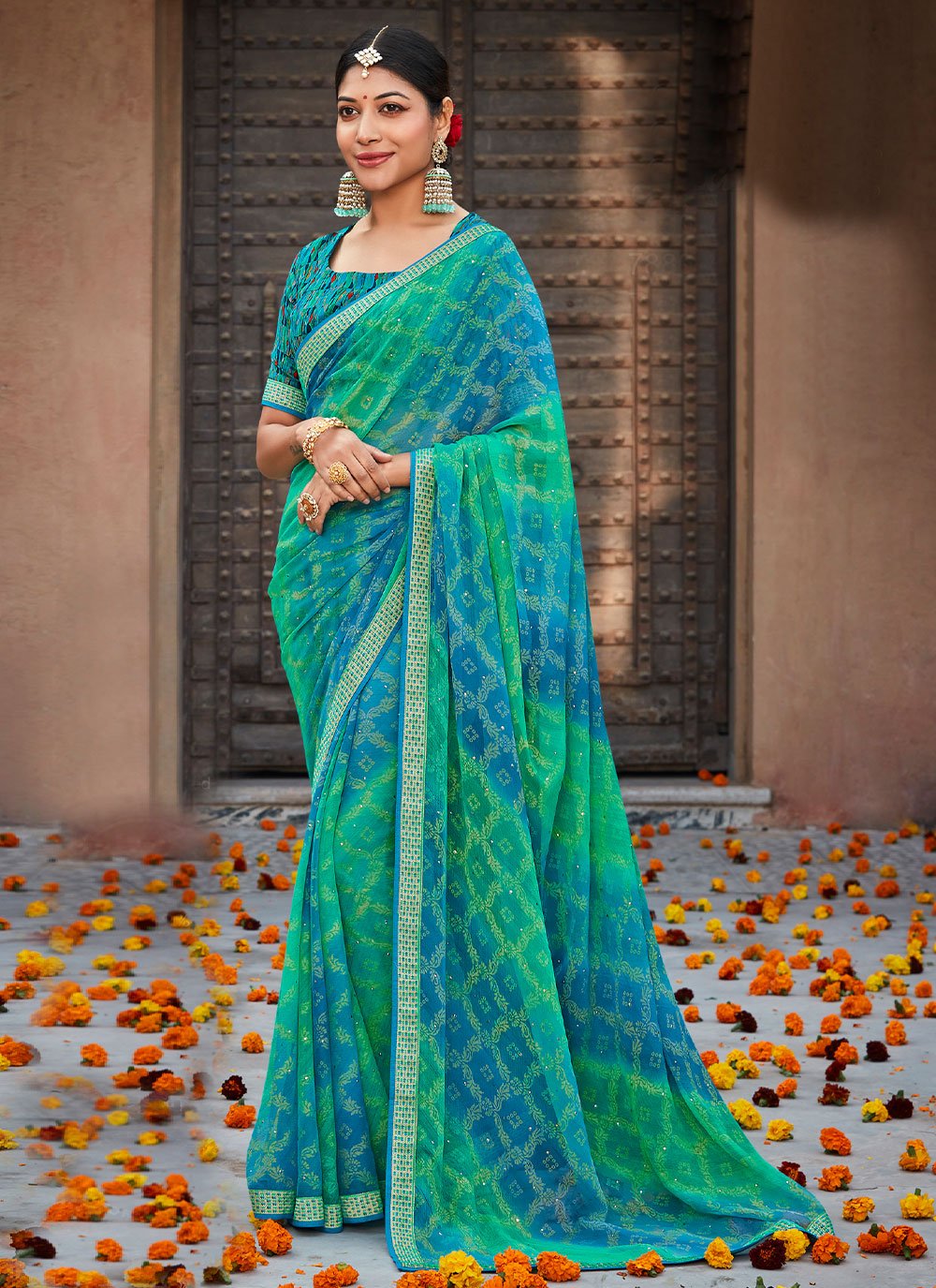 Classic Brasso Chiffon Blue Patch Border Saree