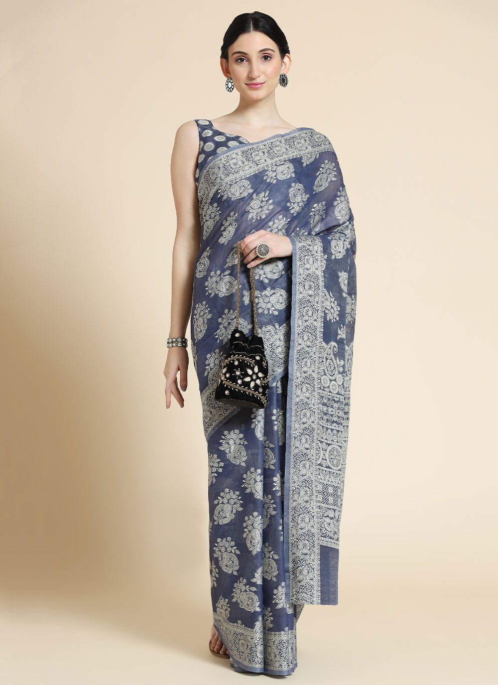 Classic Cotton Lucknowi Blue Chikankari Work Saree