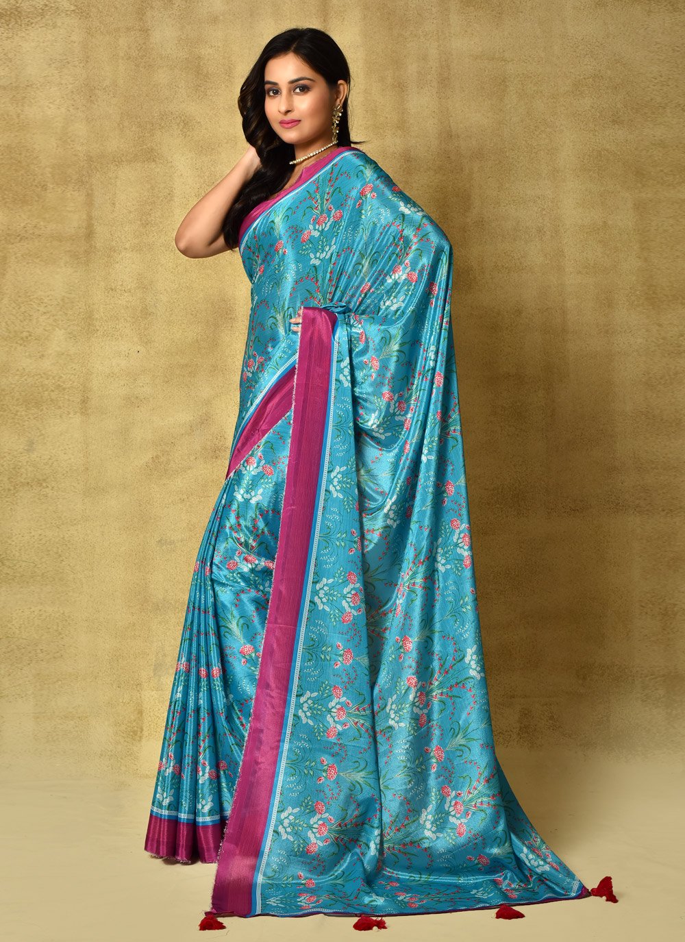 Designer Chinon Blue Digital Print Saree