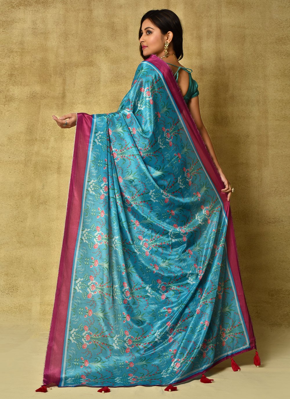 Designer Chinon Blue Digital Print Saree