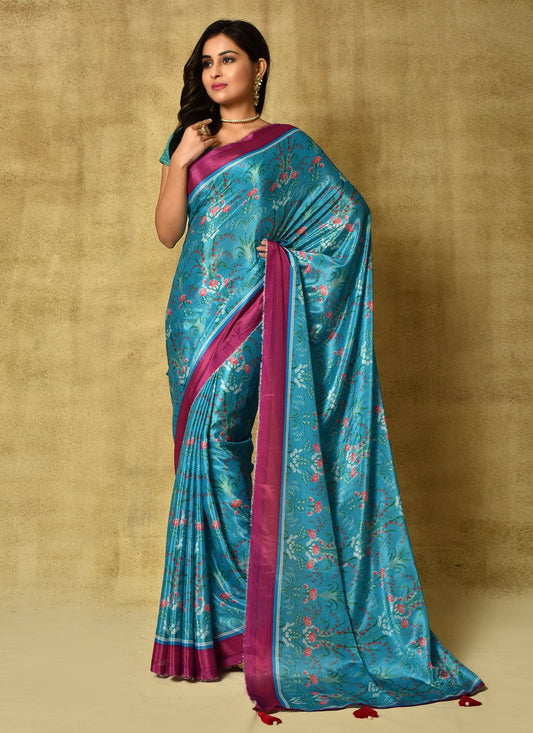 Designer Chinon Blue Digital Print Saree