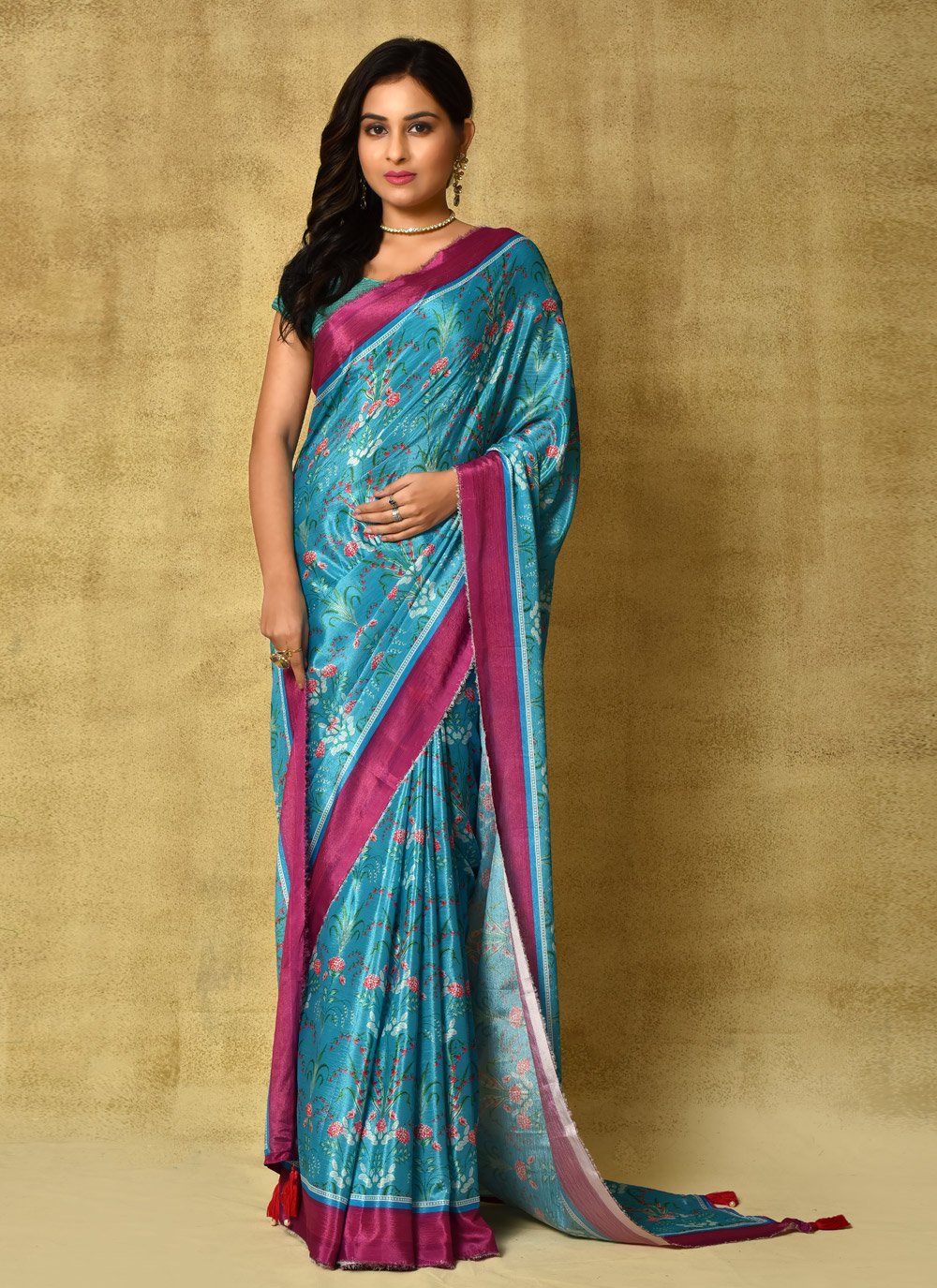 Designer Chinon Blue Digital Print Saree