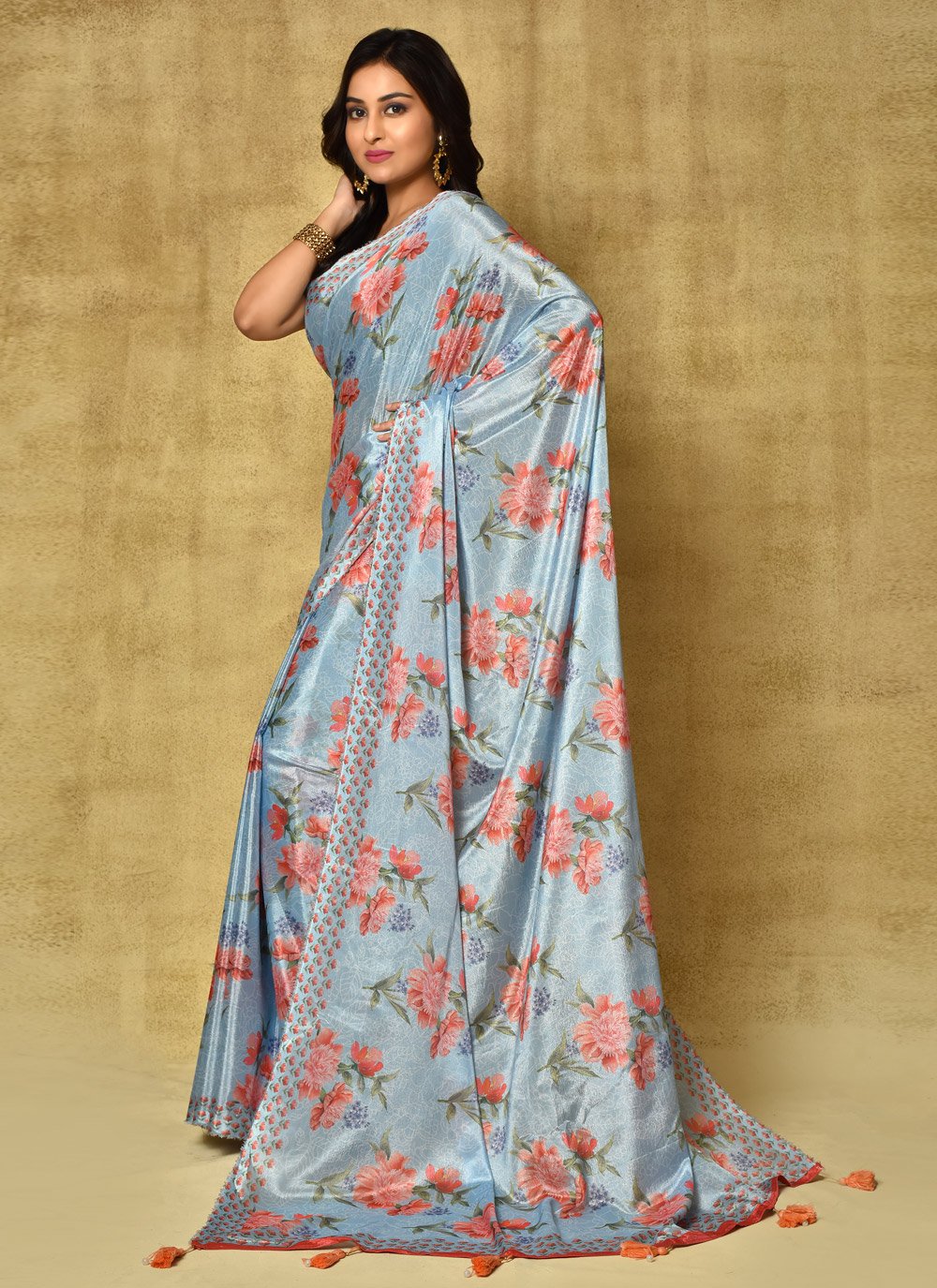 Designer Chinon Blue Digital Print Saree