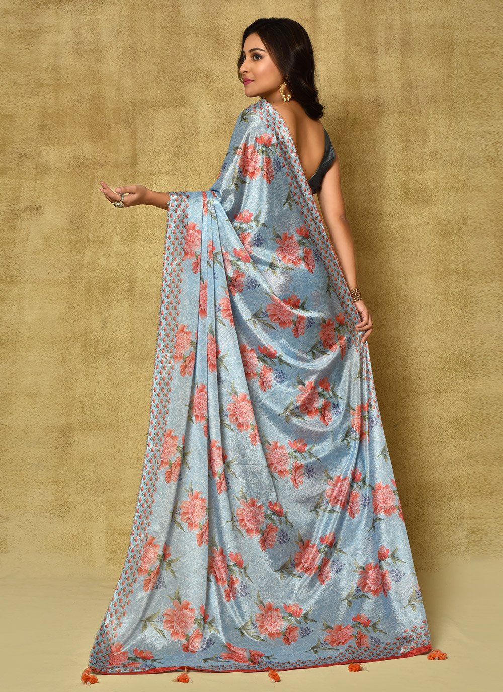 Designer Chinon Blue Digital Print Saree