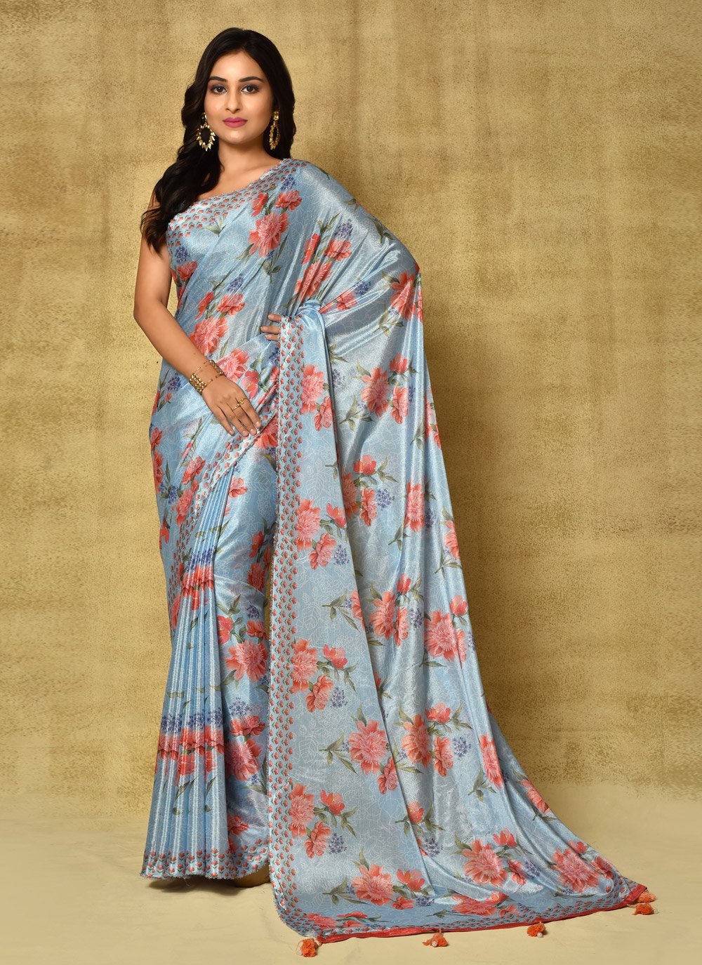 Designer Chinon Blue Digital Print Saree