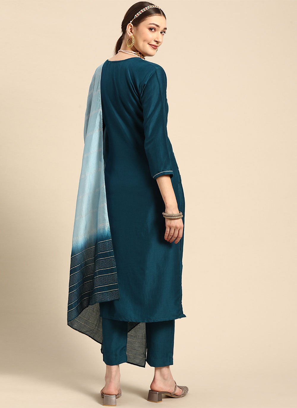 Pant Style Suit Chinon Blue Embroidered Salwar Kameez