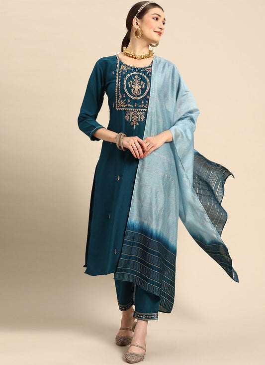 Pant Style Suit Chinon Blue Embroidered Salwar Kameez