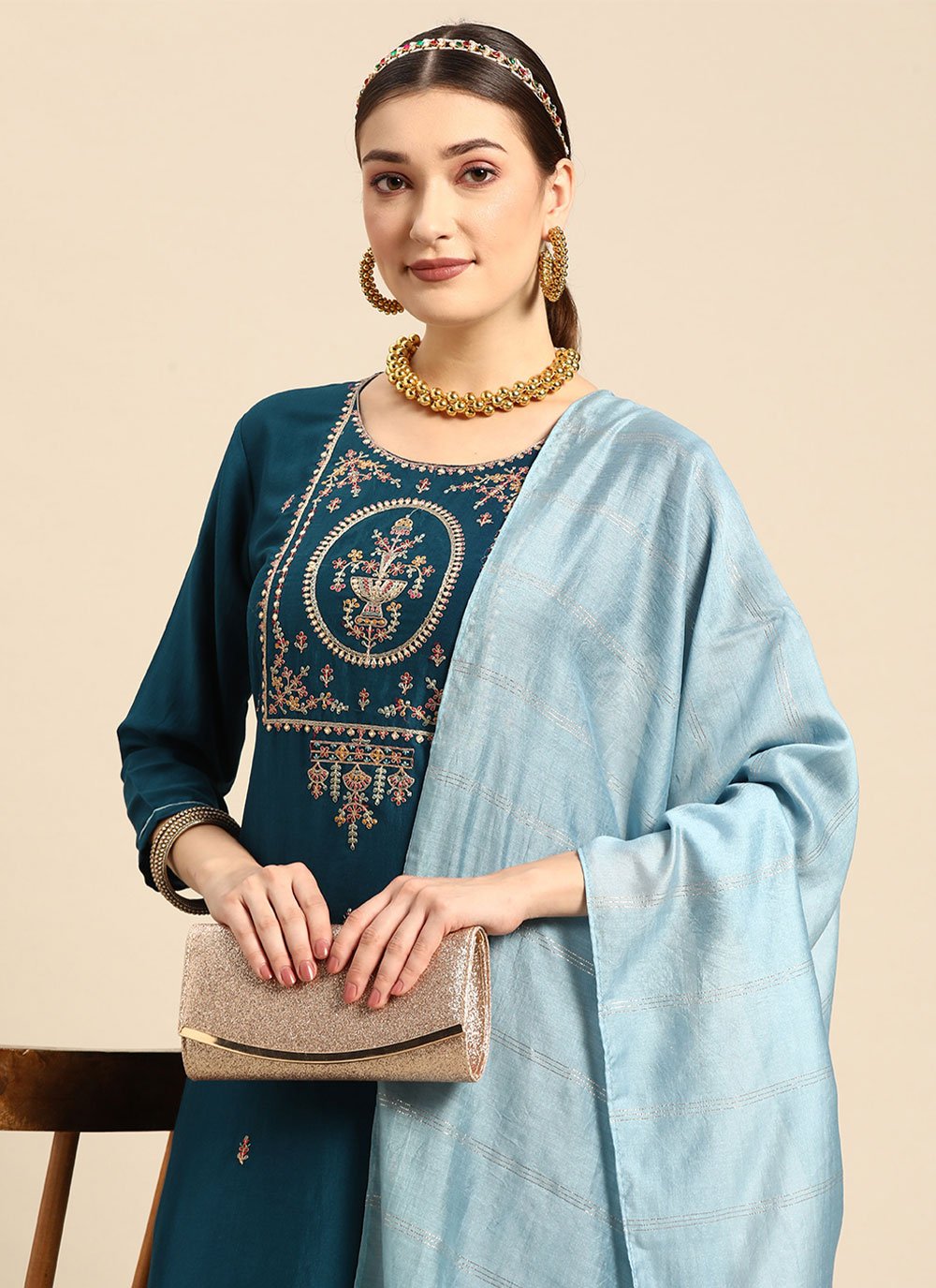 Pant Style Suit Chinon Blue Embroidered Salwar Kameez