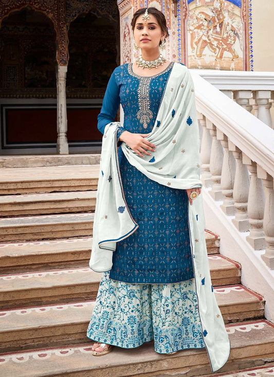 Palazzo Salwar Suit Chinon Blue Embroidered Salwar Kameez