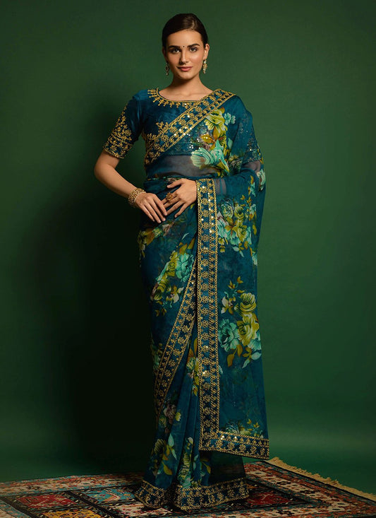 Classic Georgette Blue Embroidered Saree