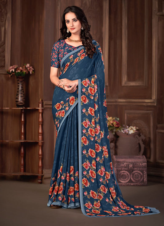 Classic Georgette Blue Print Saree