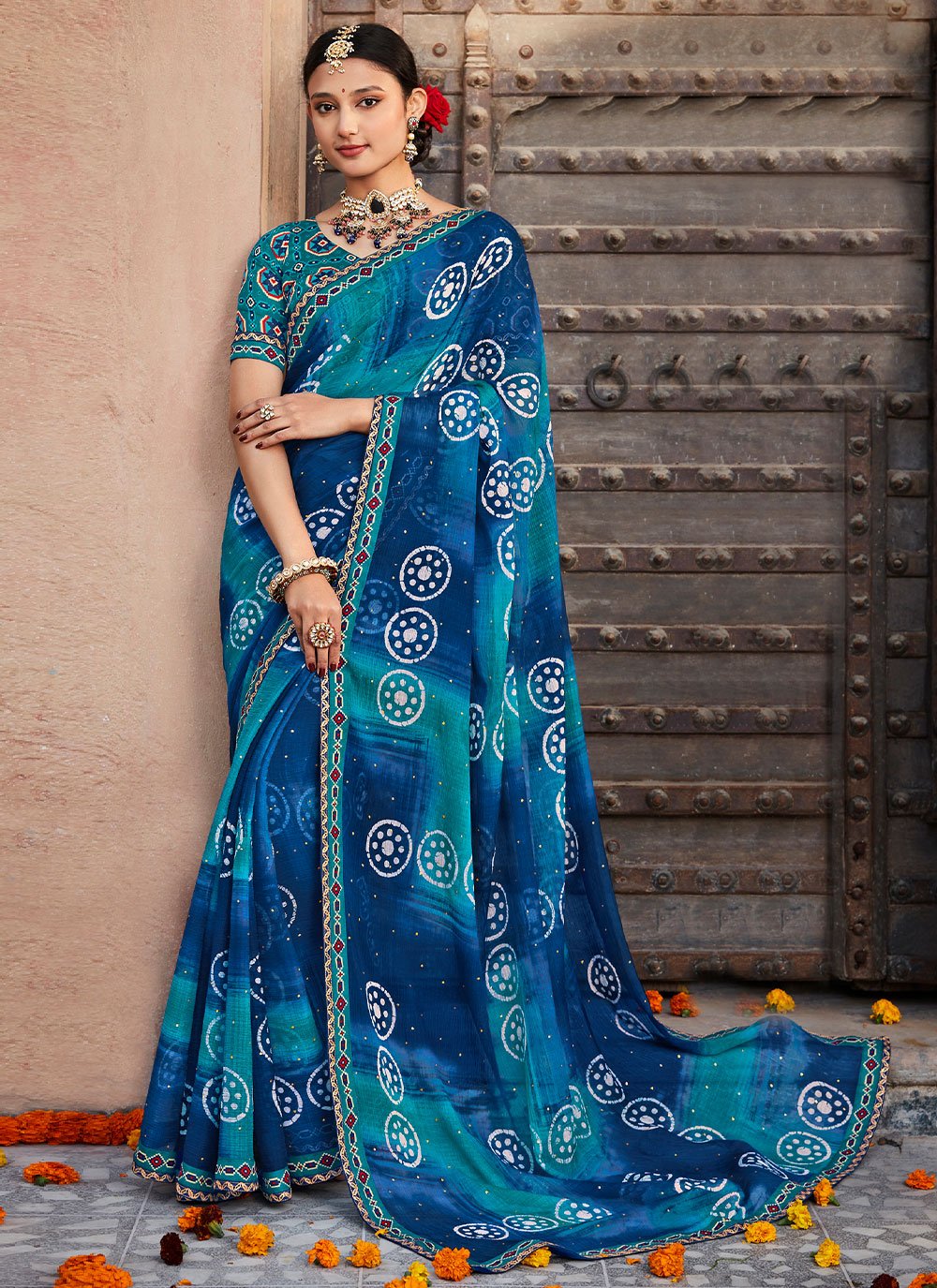 Classic Georgette Blue Fancy Work Saree