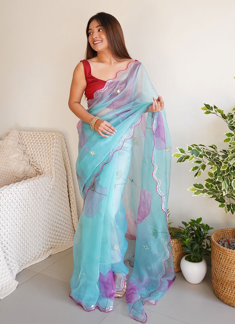 Classic Organza Blue Cut Work Saree