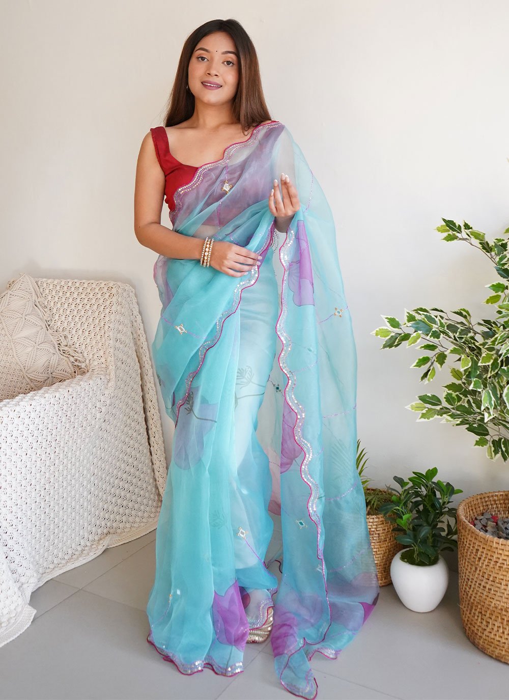 Classic Organza Blue Cut Work Saree