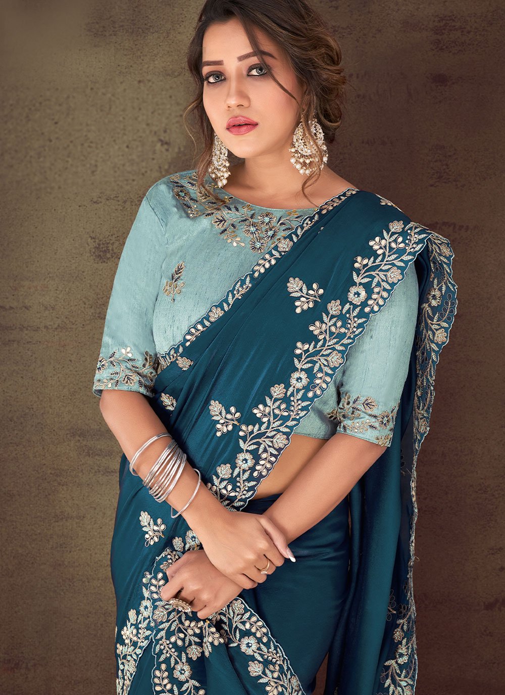 Classic Georgette Organza Silk Blue Embroidered Saree