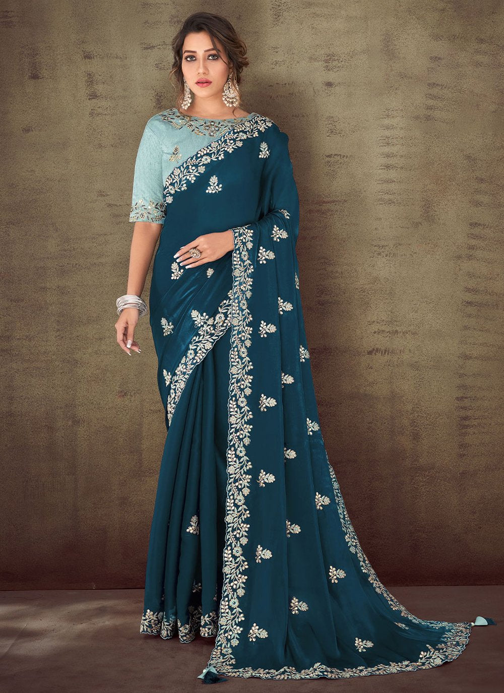 Classic Georgette Organza Silk Blue Embroidered Saree