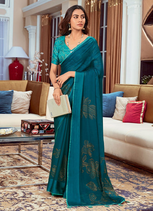 Contemporary Fancy Fabric Blue Foil Print Saree