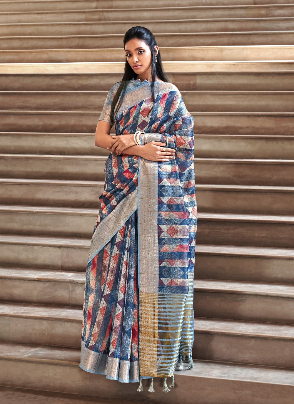 Traditional Saree Silk Blue Digital Print Saree