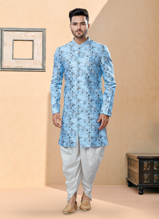 Indo Western Sherwani Jacquard Blue Digital Print Mens