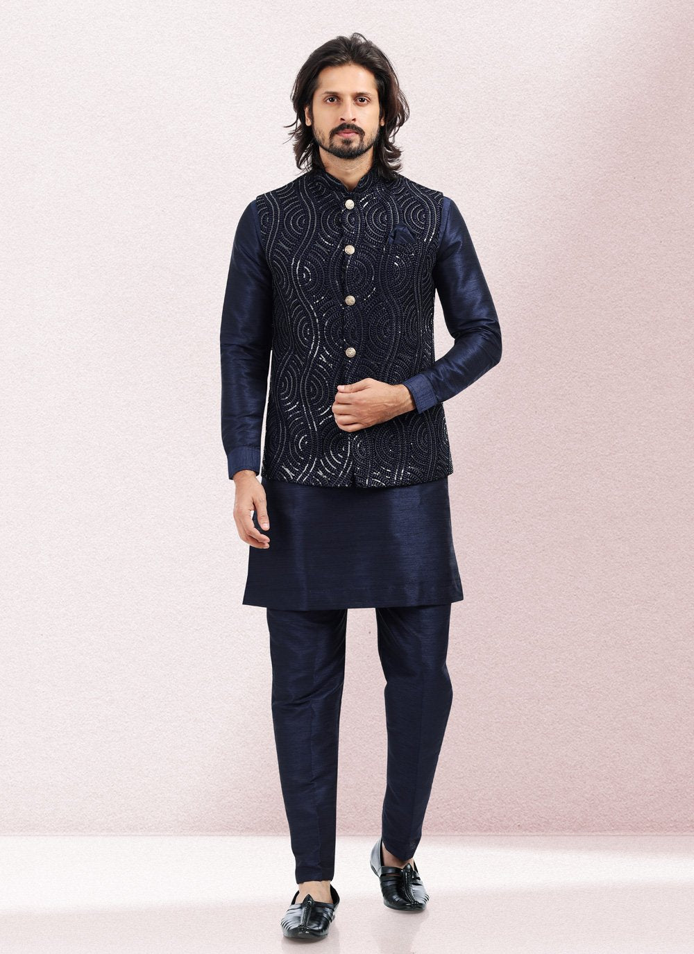 Kurta Payjama With Jacket Art Banarasi Silk Blue Embroidered Mens