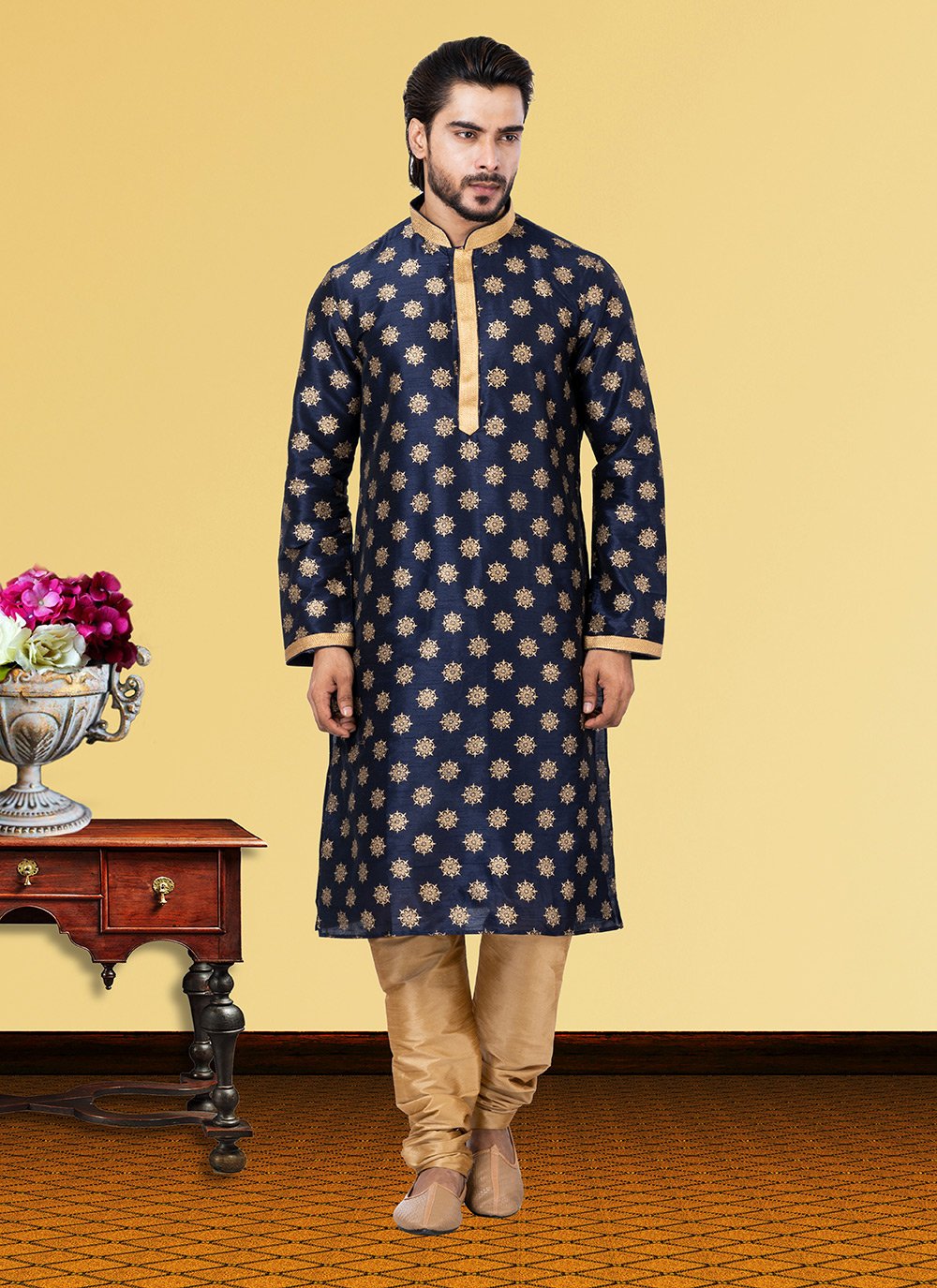 Kurta Pyjama Dupion Silk Blue Print Mens