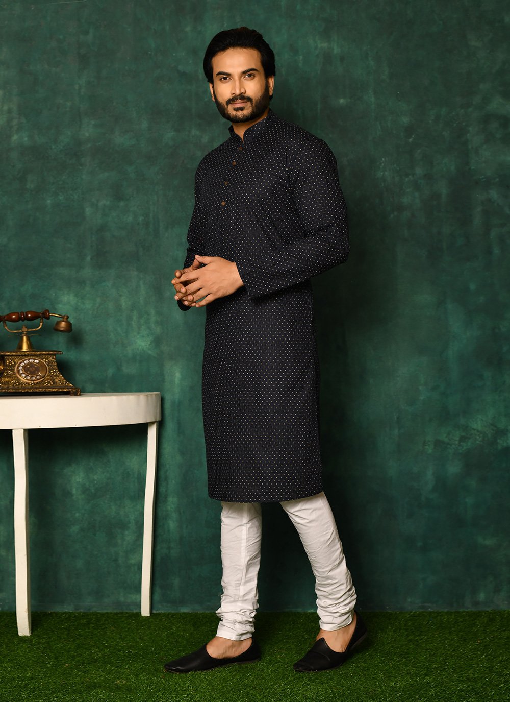 Kurta Pyjama Cotton Blue Print Mens