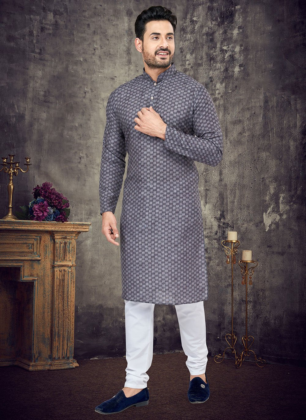 Kurta Pyjama Cotton Blue Digital Print Mens