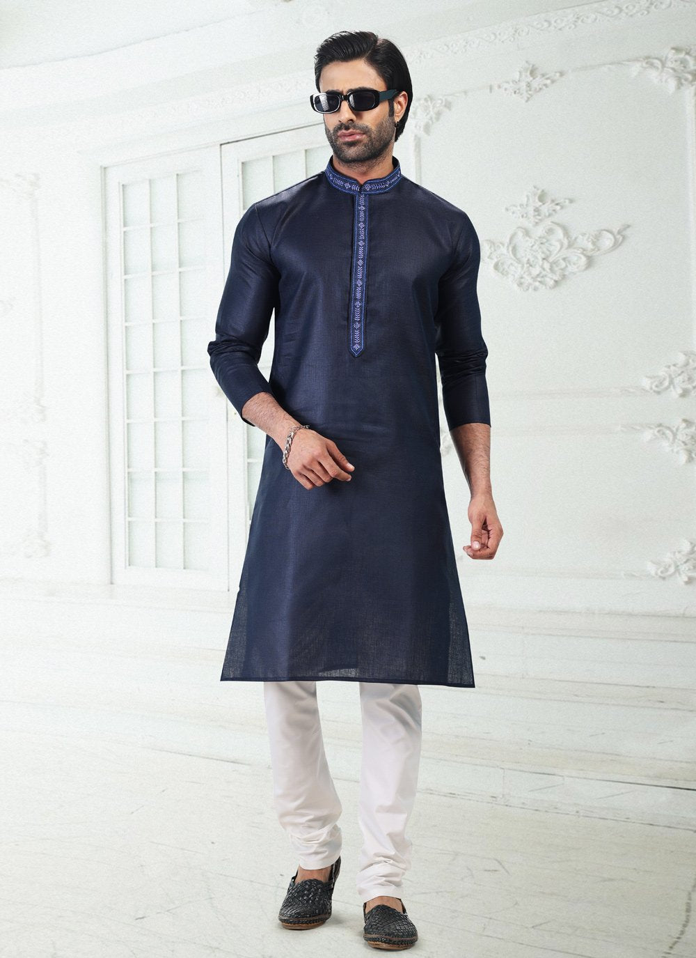 Kurta Pyjama Cotton Linen Blue Thread Mens