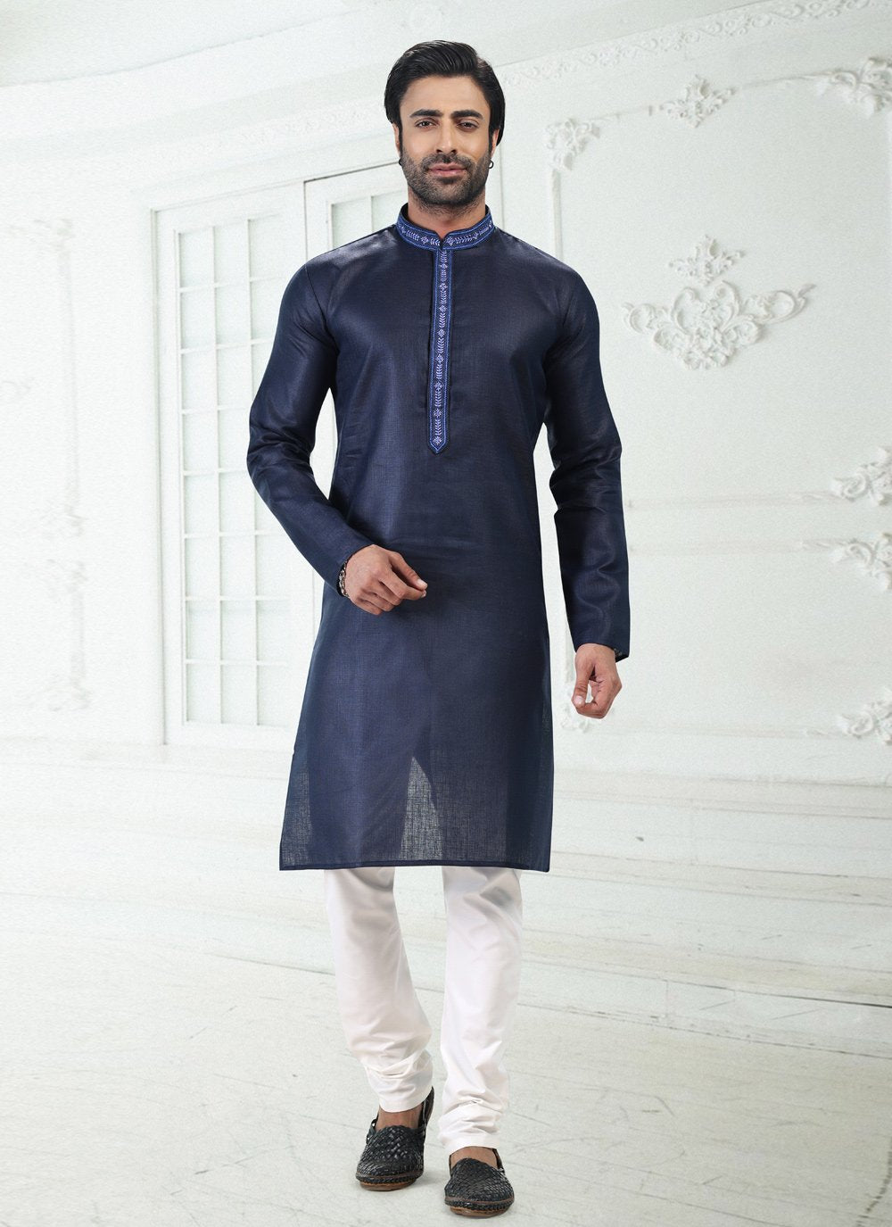 Kurta Pyjama Cotton Linen Blue Thread Mens