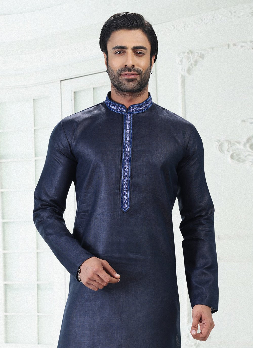 Kurta Pyjama Cotton Linen Blue Thread Mens