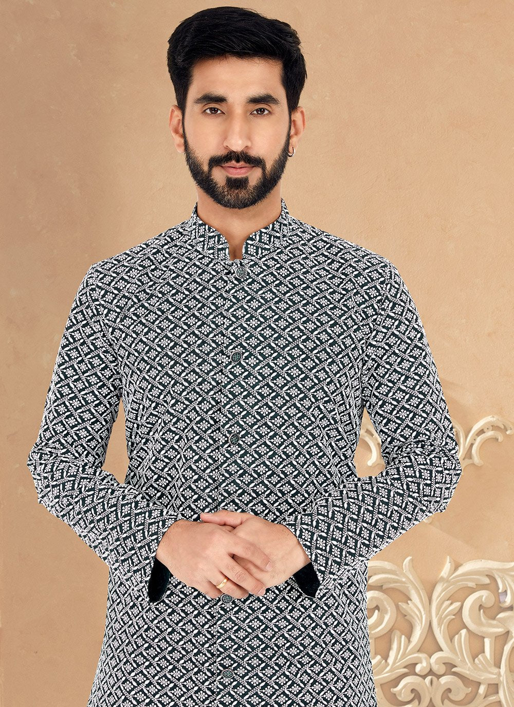 Kurta Pyjama Silk Blue Embroidered Mens