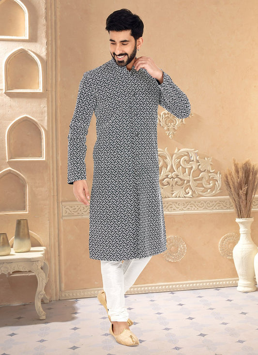 Kurta Pyjama Silk Blue Embroidered Mens