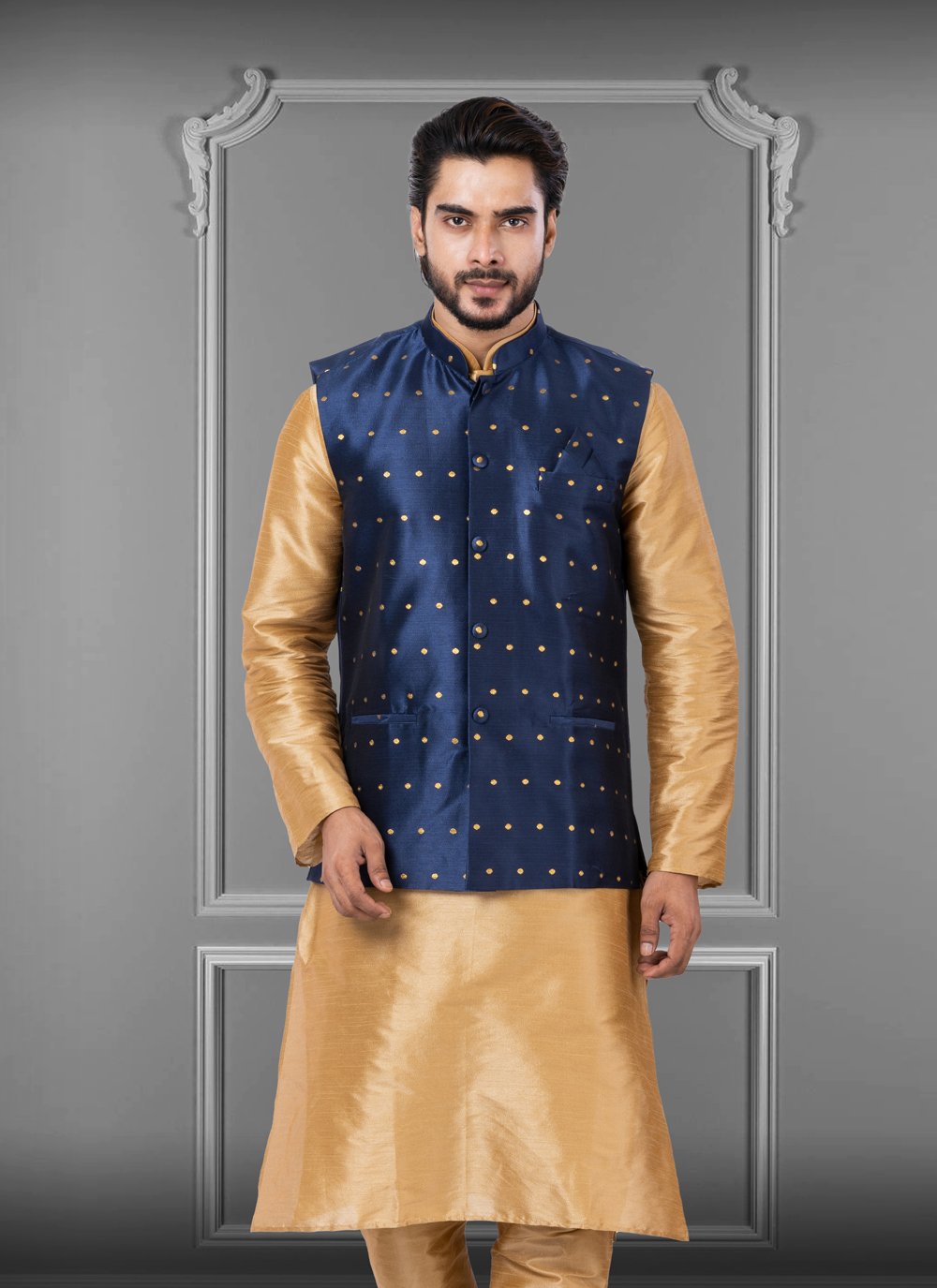 Nehru Jackets Malbari Silk Blue Embroidered Mens