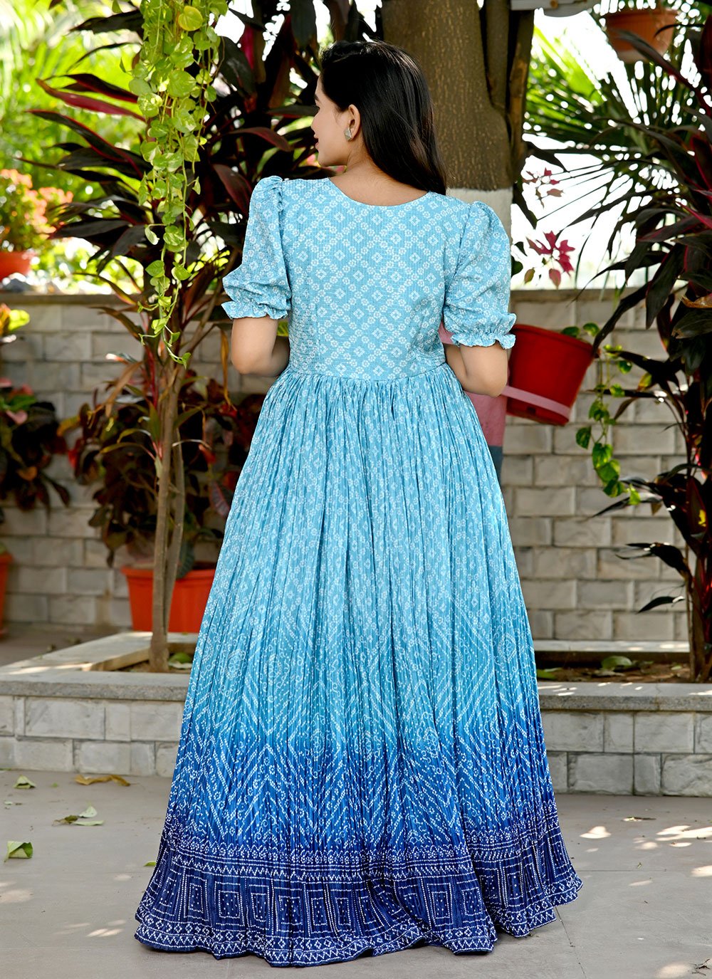 Gown Muslin Blue Bandhej Gown