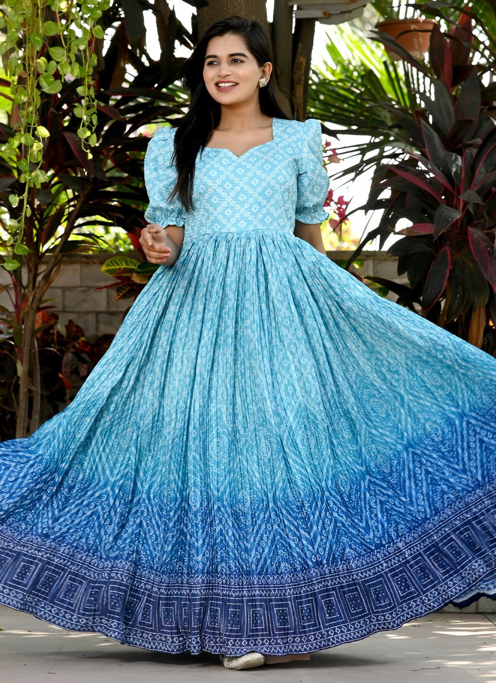 Gown Muslin Blue Bandhej Gown