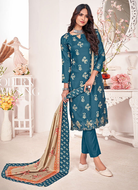 Salwar Suit Pashmina Blue Digital Print Salwar Kameez