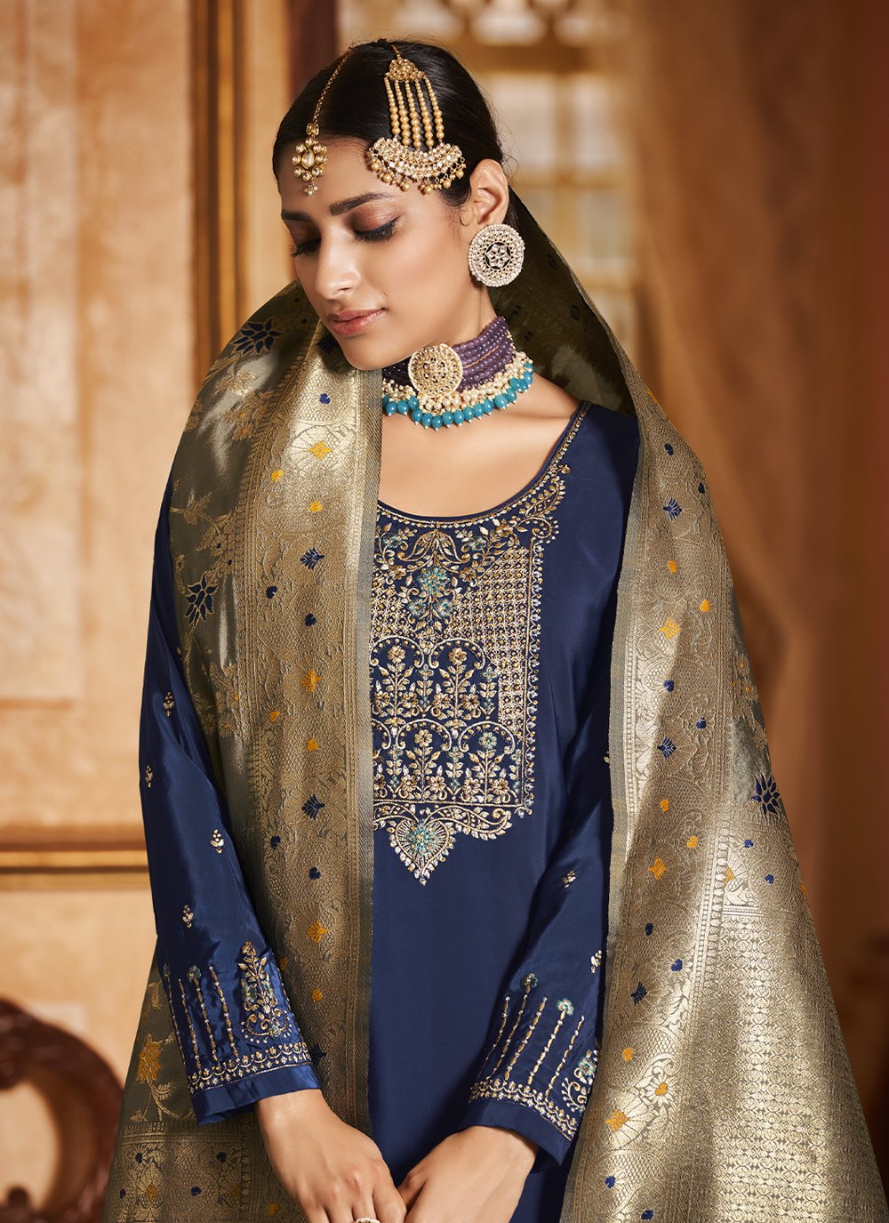 Straight Salwar Suit Crepe Silk Blue Embroidered Salwar Kameez