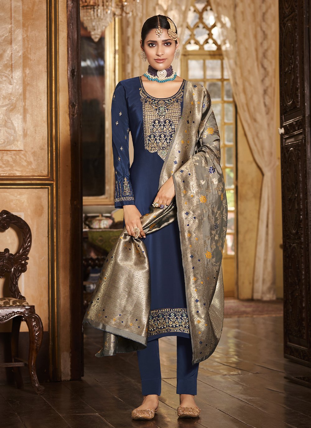 Straight Salwar Suit Crepe Silk Blue Embroidered Salwar Kameez