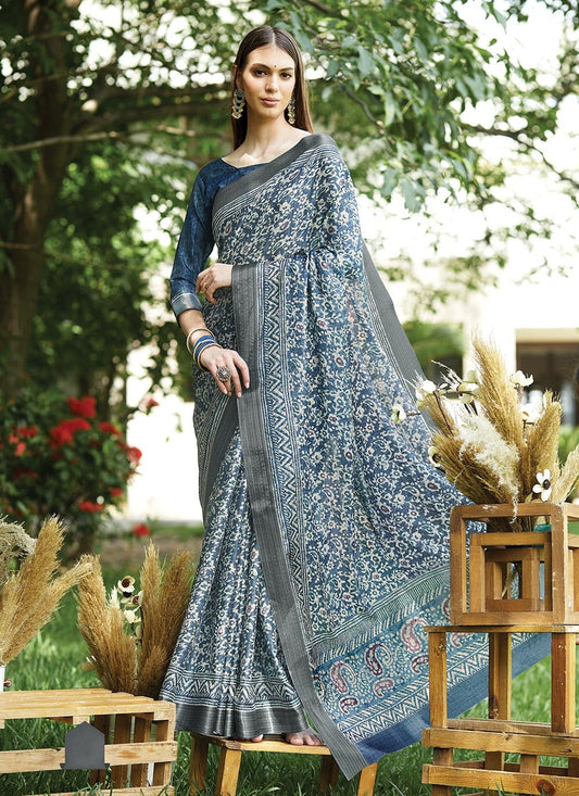 Trendy Saree Silk Blue Digital Print Saree