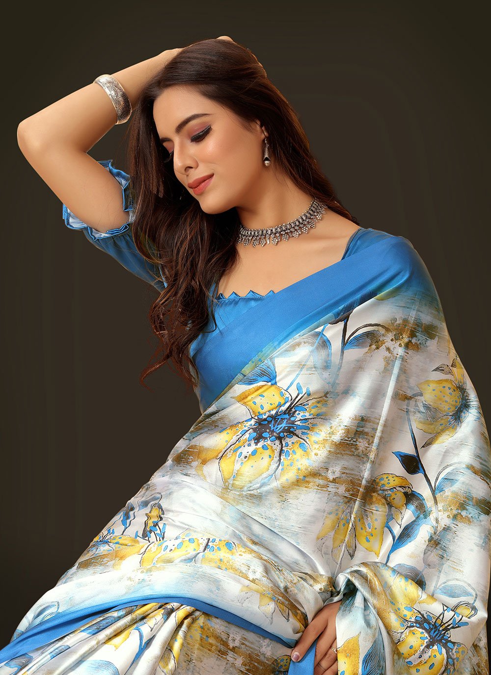 Trendy Saree Satin Blue Digital Print Saree