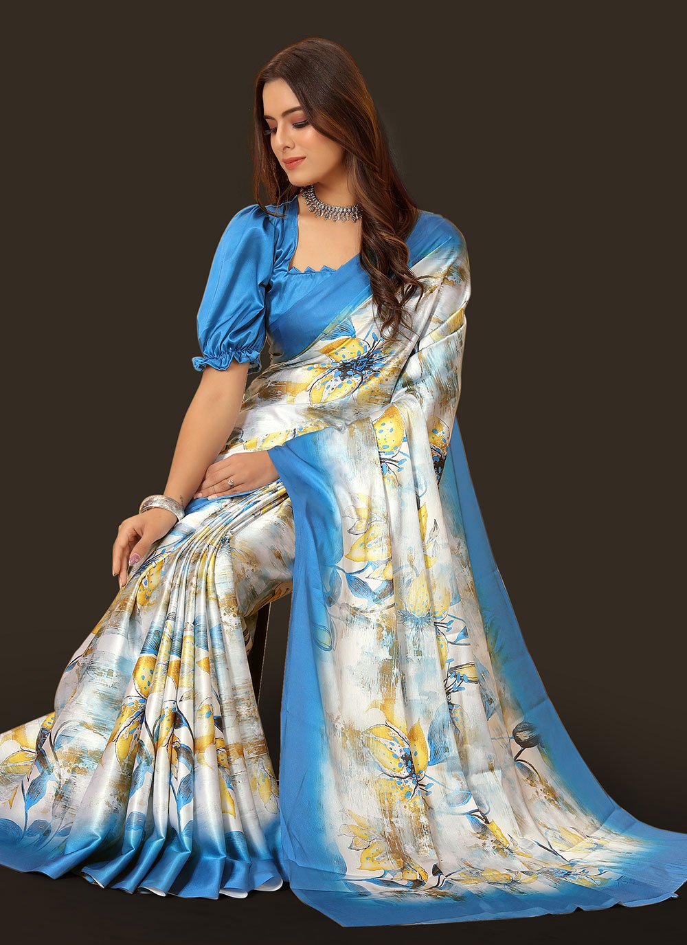 Trendy Saree Satin Blue Digital Print Saree
