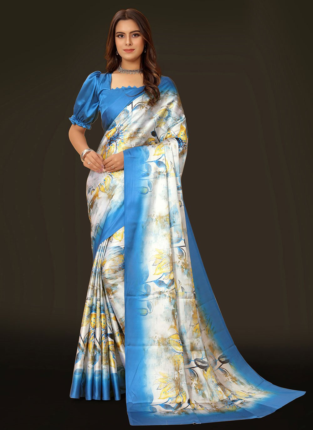 Trendy Saree Satin Blue Digital Print Saree