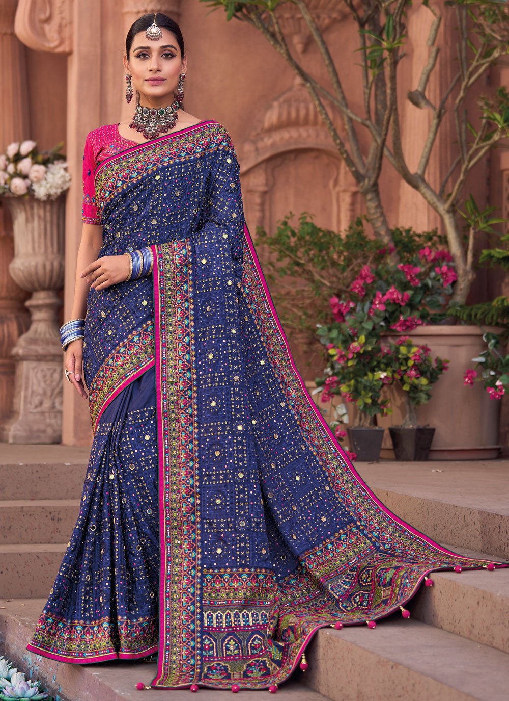 Trendy Saree Silk Blue Embroidered Saree