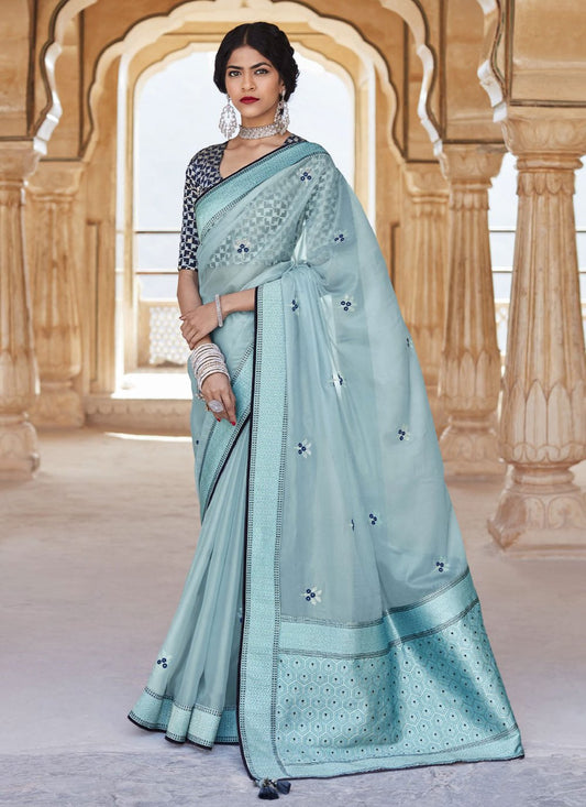 Contemporary Silk Blue Embroidered Saree