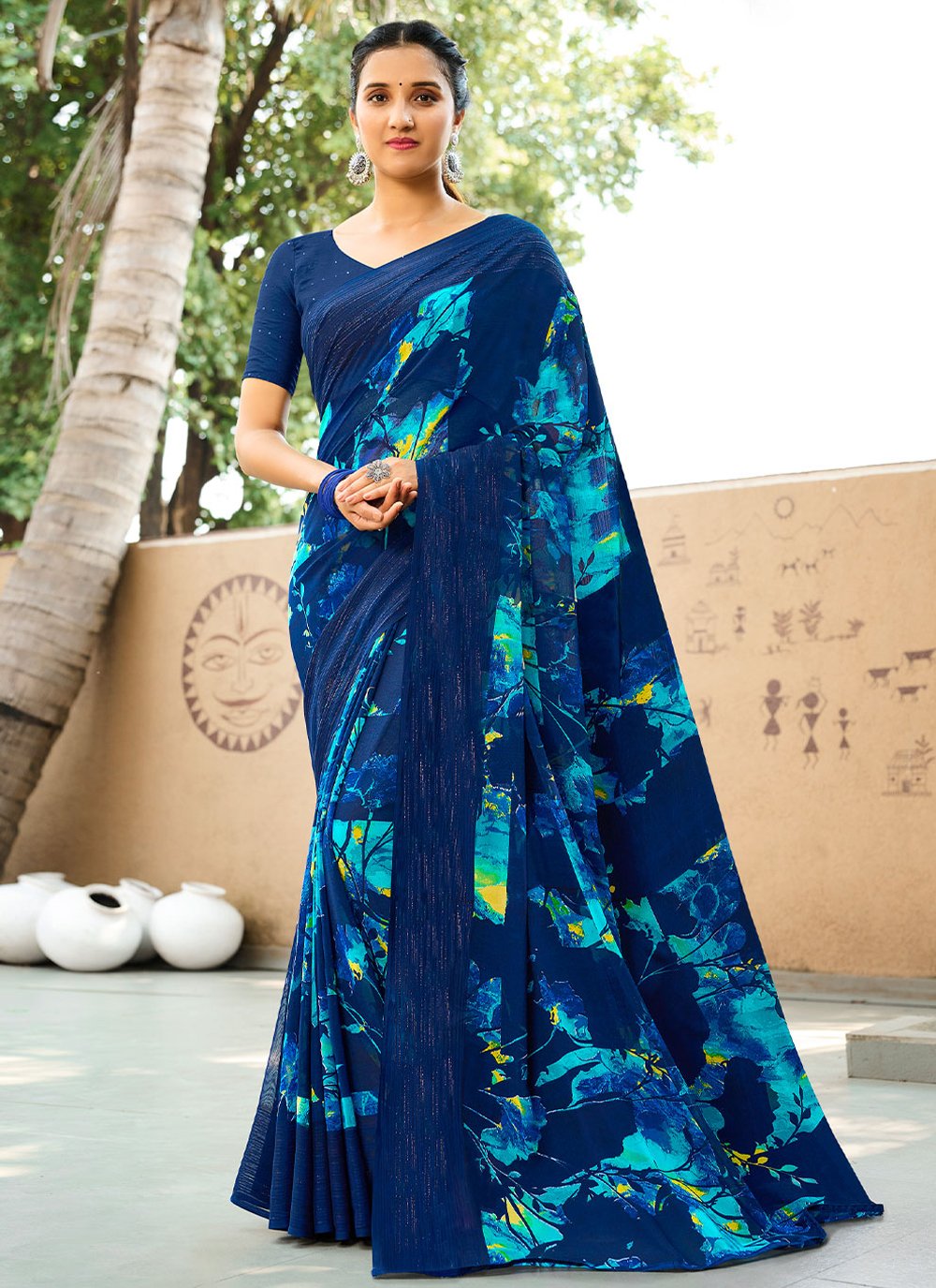 Contemporary Georgette Blue Patch Border Saree