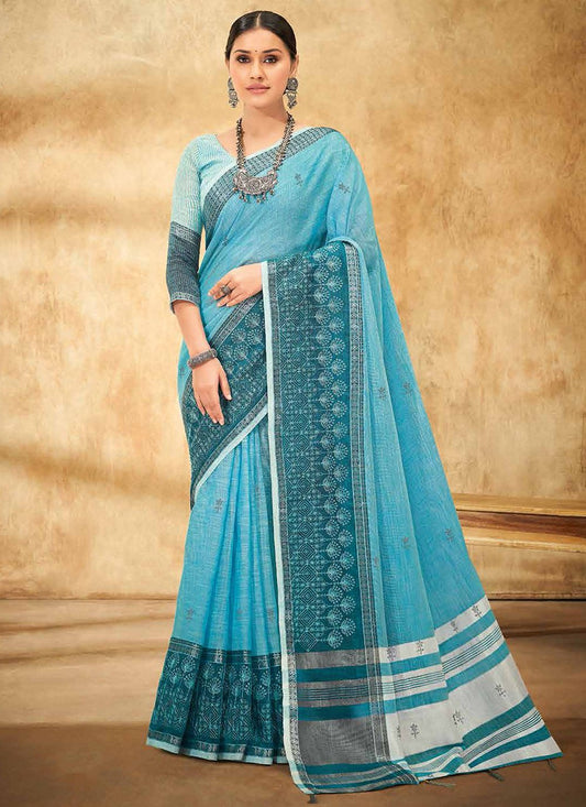 Contemporary Linen Blue Print Saree